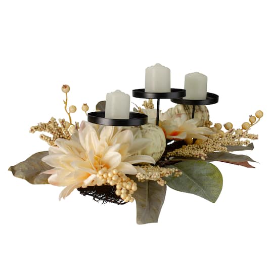 21" White Dahlia & Pumpkin Fall Triple Candle Holder